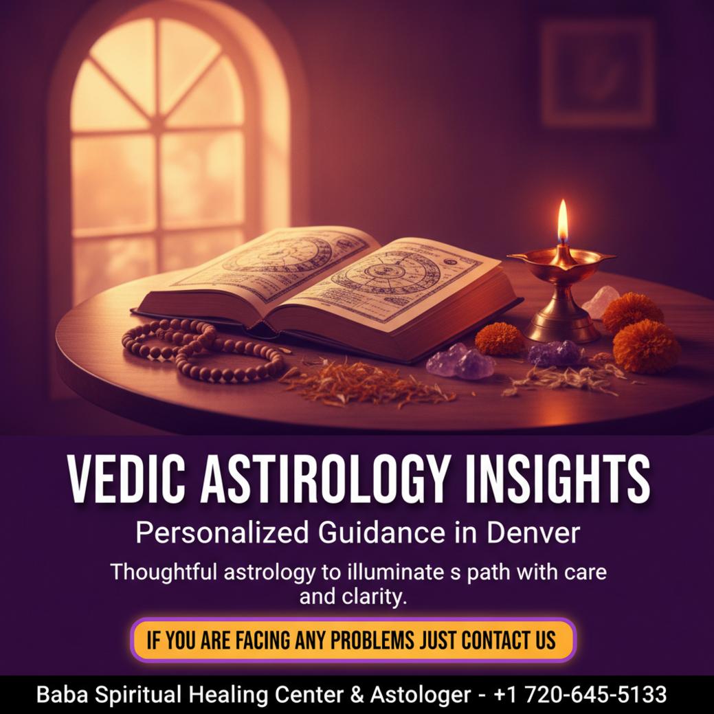 Vedic astrology charts and lamp on wooden table Denver scene
