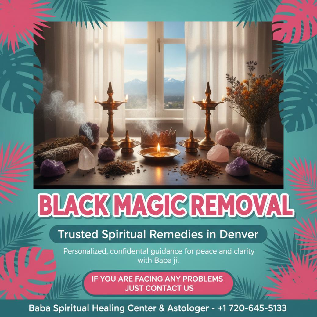 Black magic removal altar with brass lamps and crystals in Denver