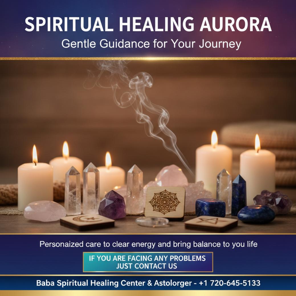 Calm spiritual healer altar with crystals and candles in Aurora